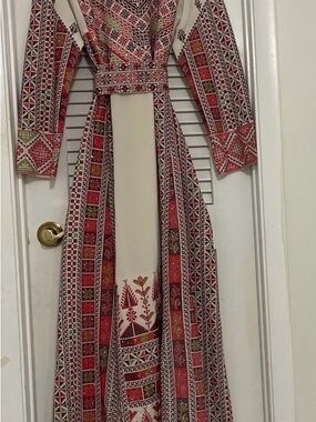 Embroidered Long thob Dress with Red & Cream Geometric Trim